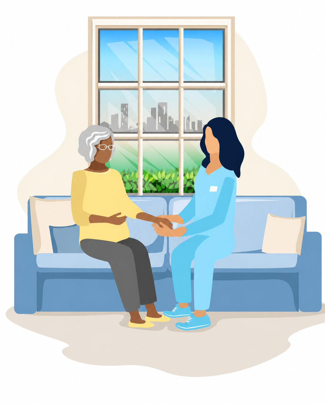 A healthcare worker in scrubs sitting beside an elderly woman, holding her hand in a comforting moment